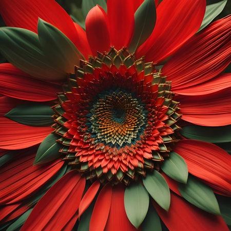 a red sunflower with green leaves in the middle. generative aiの素材