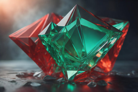 Beautiful red and green crystals on black background. generative aiの素材