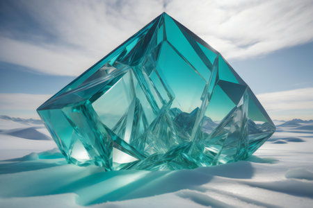 crystal cube in the snow on a background of the blue sky. generative aiの素材