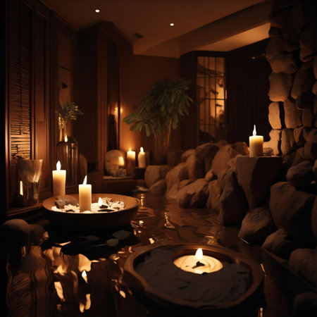 Interior of a spa with candles and stones. ai generatedの素材