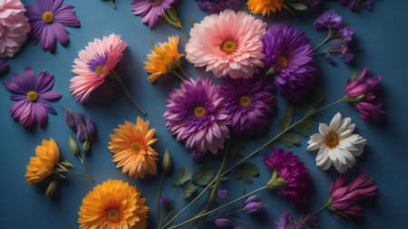 Flowers composition. Colorful autumn flowers on blue background. Flat lay, top view, copy space. generative aiの素材