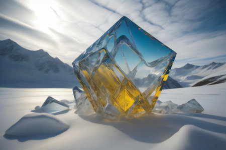Transparent ice cube on the background of mountains. ai generatedの素材