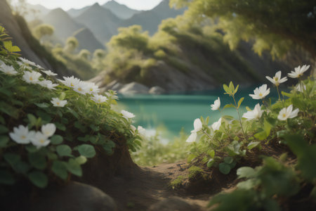 Beautiful spring landscape in the mountains. Lake and white flowers. generative aiの素材