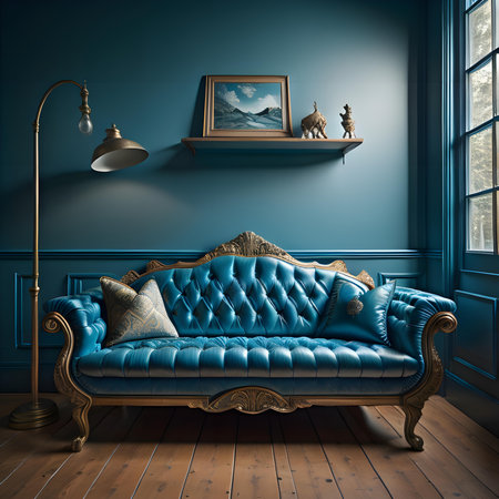 blue sofa in classic interior with blue walls, generative aiの素材