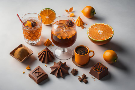 Cocktail with orange, chocolate and spices on a gray background. generative aiの素材