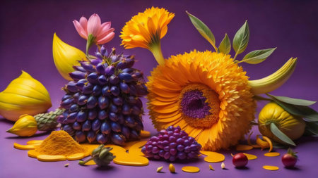 Autumn still life with flowers and fruits on a purple background. ai generatedの素材