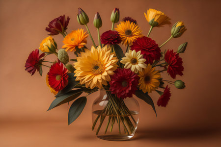 Bouquet of flowers in a vase on a brown background. ai generatedの素材