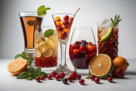 Glasses of different cocktails with fruits and berries on a white background. ai generatedの素材