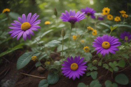 Beautiful purple daisies in the garden. Selective focus. generative aiの素材