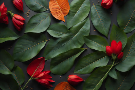 Beautiful red flowers and green leaves on grey background, flat lay. generative aiの素材