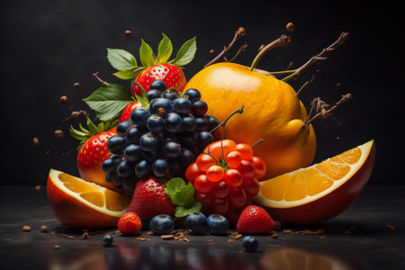Fruits and berries on a black background. Healthy food concept. ai generatedの素材