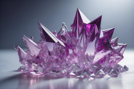 Brilliant purple crystal on a reflective surface. Macro shot. ai generatedの素材