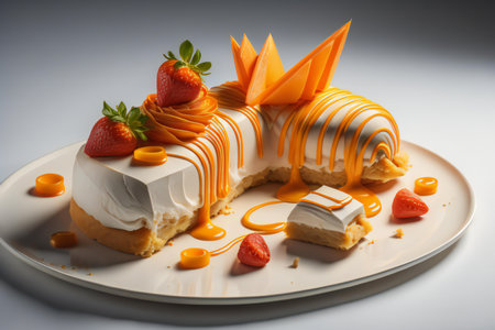 Cake with cream and strawberries on a white plate. Studio shot. generative aiの素材