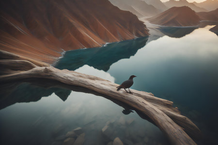 Bird on the edge of a lake in the mountains, generative aiの素材