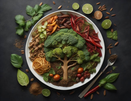 Vegetables and herbs on a plate. Healthy food concept. generative aiの素材