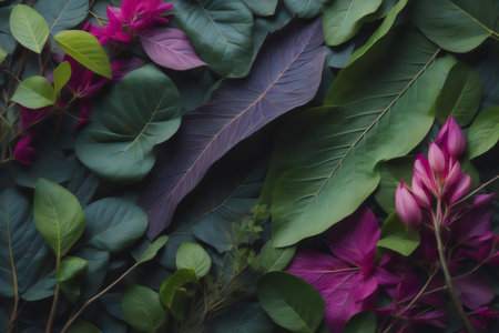 Close up of pink and purple bougainvillea flowers and green leaves. generative aiの素材