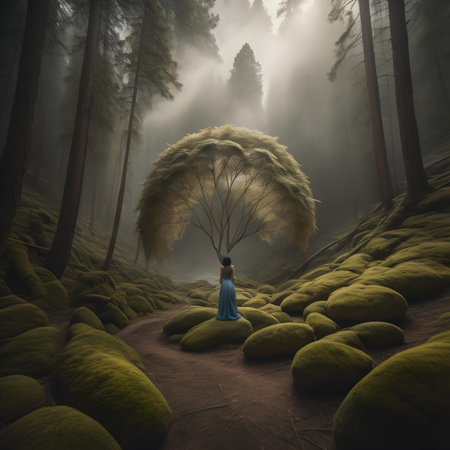Mysterious forest with a woman in a long dress. generative aiの素材