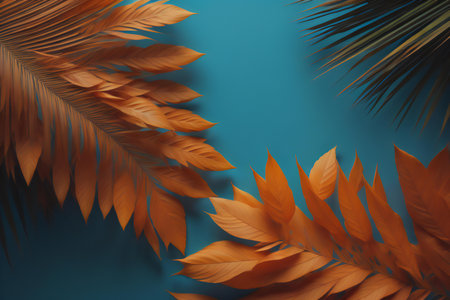 Tropical palm leaves on blue background. generative aiの素材