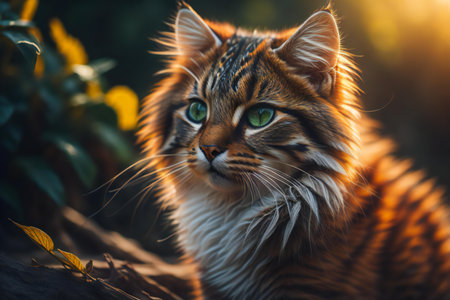 Portrait of a Maine Coon cat with green eyes in sunset light. generative aiの素材