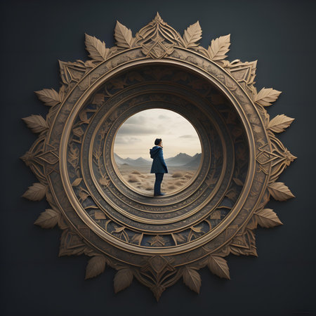 Businesswoman looking at the mountains through the round frame. generative aiの素材