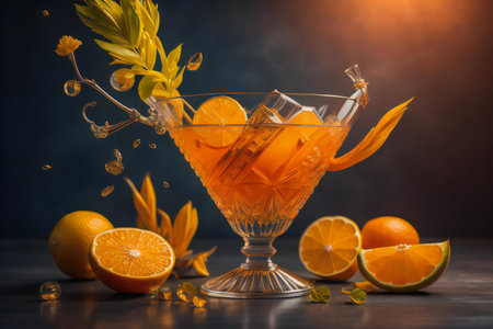 Cocktail with orange, lemon and ice on a dark background. generative aiの素材