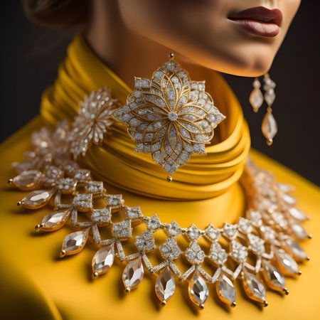 Beautiful jewelry on the neck of a woman in a yellow dress. generative aiの素材