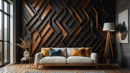 Interior of modern living room with wooden wall, generative aiの素材