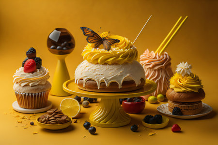 Cupcakes with buttercream and berries on a yellow background. generative aiの素材