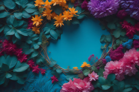 Flowers composition. Frame made of flowers on blue background. Flat lay, top view, copy space. generative aiの素材