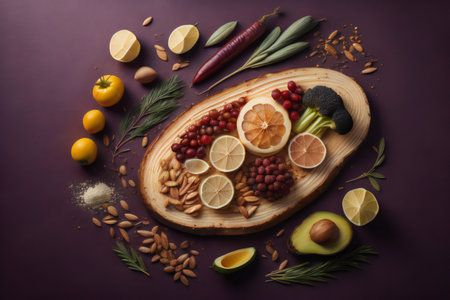 Healthy ingredients for superfoods on dark background, top view. generative aiの素材