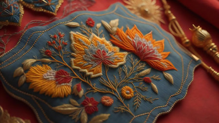 Handcraft embroidery in the form of a flower on a red background. generative aiの素材