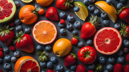 Fruits and berries background, top view. Healthy food concept. generative aiの素材