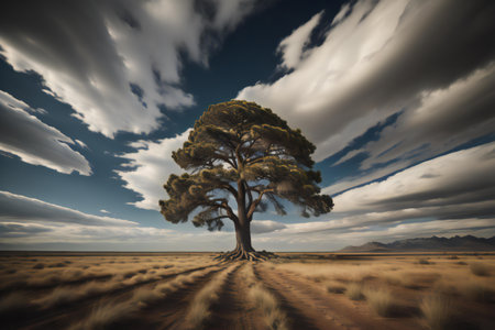 Pine tree in the desert with cloudy sky. generative aiの素材