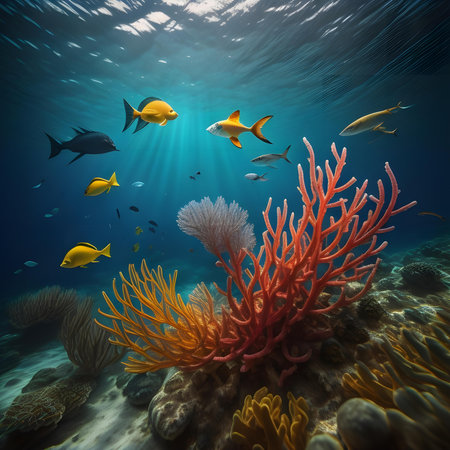 Underwater scene with coral reef and tropical fish. generative aiの素材