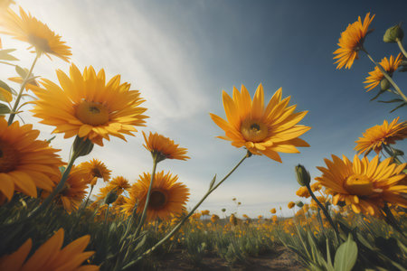 Beautiful yellow daisy flowers on blue sky background. Selective focus. generative aiの素材