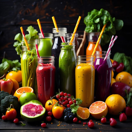 Healthy smoothies in bottles with fresh fruits and vegetables on wooden background. generative aiの素材