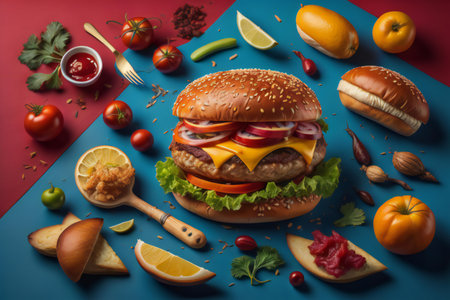 Hamburger ingredients on a blue background. Healthy food concept. generative aiの素材