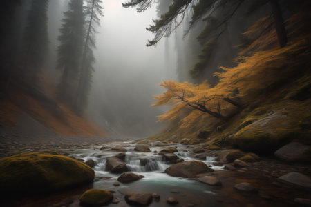 Foggy autumn scene in the forest with a mountain river. generative aiの素材