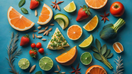 Fruits and vegetables on blue background. Top view, flat lay. generative aiの素材