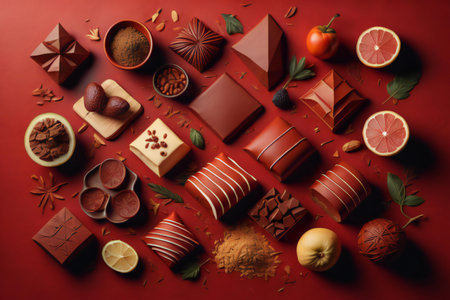Chocolates with fruits and spices on red background, top view. generative aiの素材