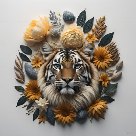 Flower composition with a tiger on a white background. Flat lay, top view. generative aiの素材