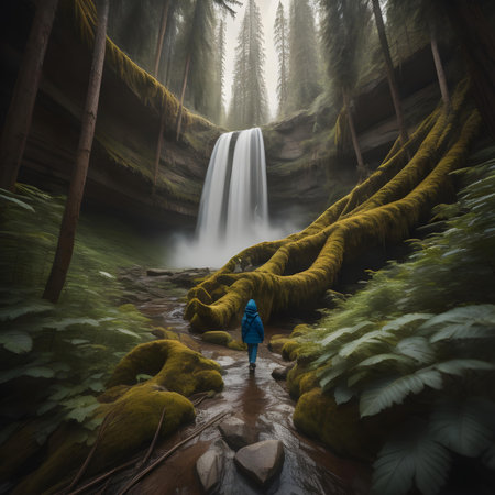 Beautiful waterfall in the forest with a woman in a blue jacket. generative aiの素材