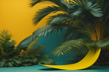 Abstract background with tropical leaves, monstera, palm trees and yellow hammock. generative aiの素材