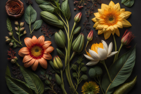 Flower composition on black background. Flat lay, top view. generative aiの素材