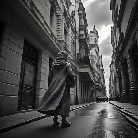 Woman in a raincoat walking on the street. Black and white photo. generative aiの素材
