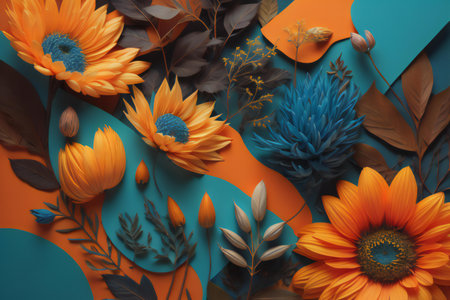 Flowers composition. Colorful flowers composition on blue and orange background. Flat lay, top view, copy space. generative aiの素材