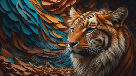 Close up of a tiger with a multicolored background. Toned. generative aiの素材