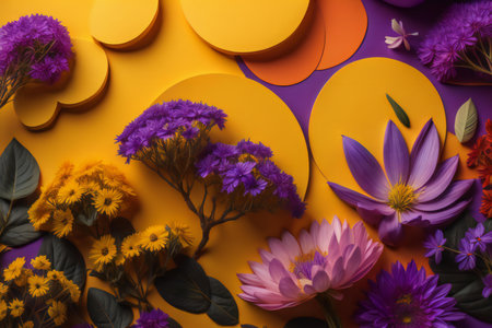 Flowers composition. Colorful flowers composition on color background. Flat lay, top view. generative aiの素材