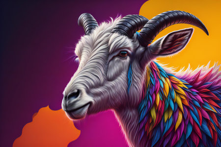 Illustration of a goat on a background of orange and purple colors. ai generatedの素材