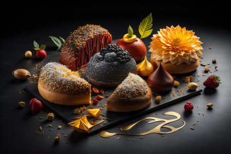 Delicious chocolate cakes with berries and fruits on a black background. generative aiの素材